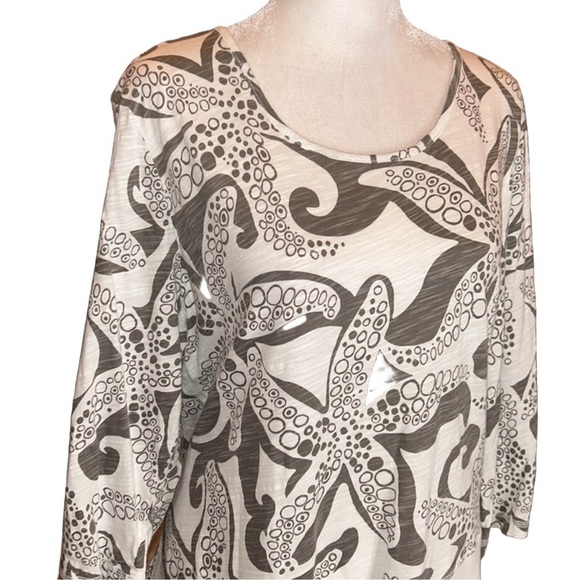 SUN MODA Gray & Cream Starfish Print Asymmetrical 3/4 Sleeve Tunic Top Size S - Picture 4 of 8